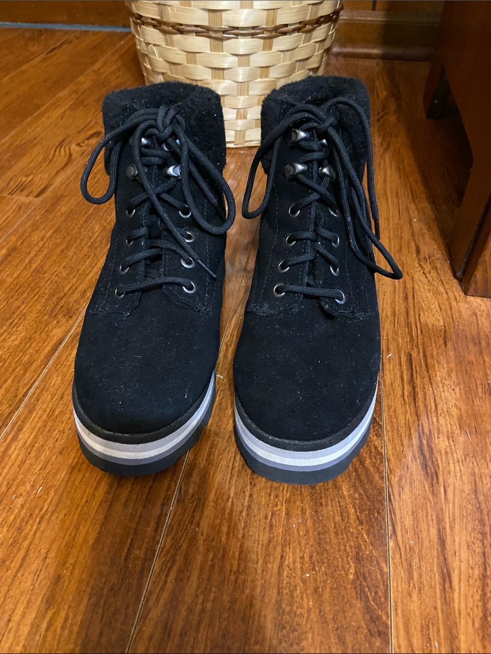 BearPaw Black Suede Platform Lace-Up Winter Boots
